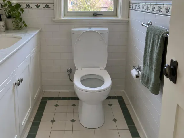 Clean white toilet in a tiled bathroom with green trim and a window in Pymble