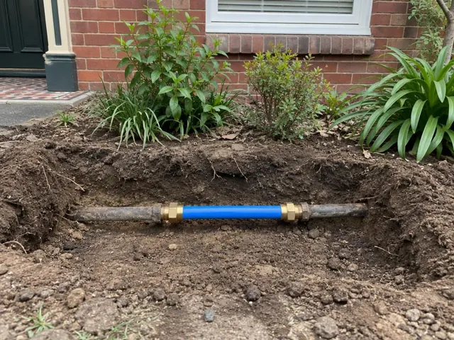 Exposed repaired water pipe in a dirt trench beside a brick house wall in Gordon